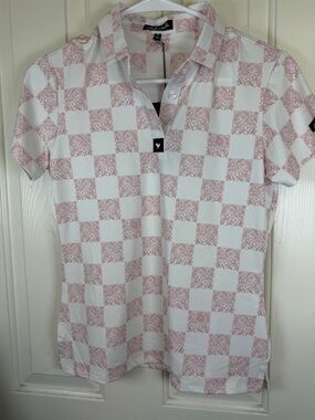 Bad Birdie White Polo with Blush Pink Checker Motif xs golf nwt